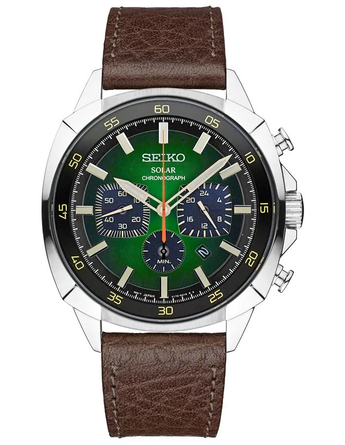 Seiko Mens Recraft Solar Chronograph - Stainless - Green Dial - Leather Strap