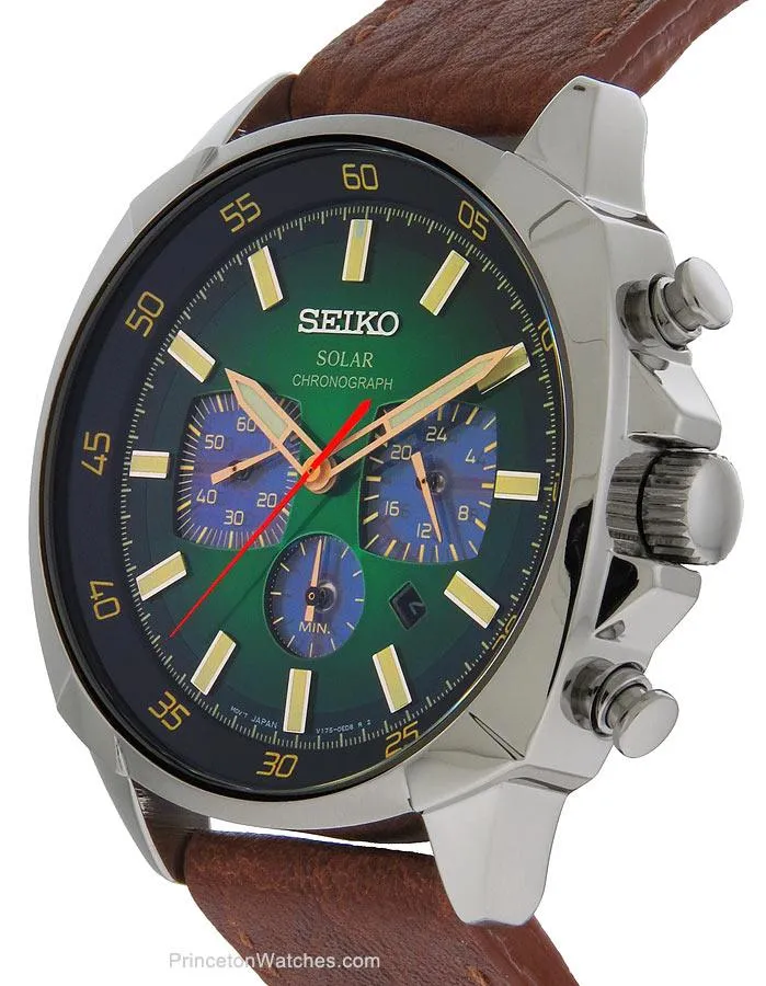 Seiko Mens Recraft Solar Chronograph - Stainless - Green Dial - Leather Strap