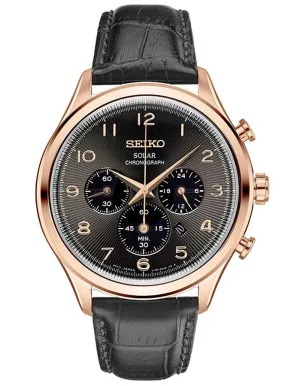 Seiko Mens Solar Chronograph - Black Sunray Dial - Rose-Tone - Black Leather