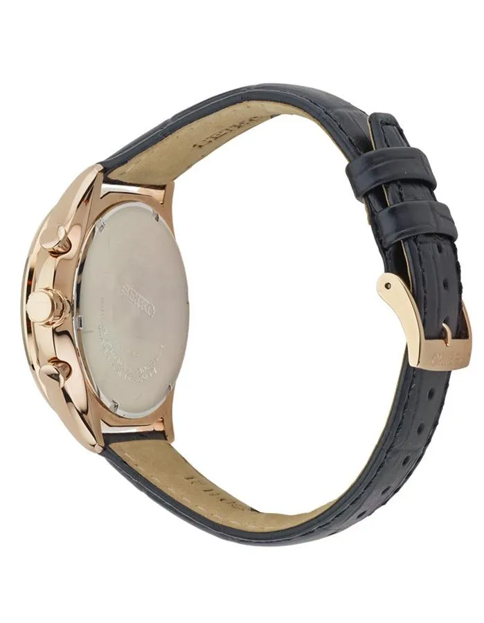 Seiko Mens Solar Chronograph - Black Sunray Dial - Rose-Tone - Black Leather