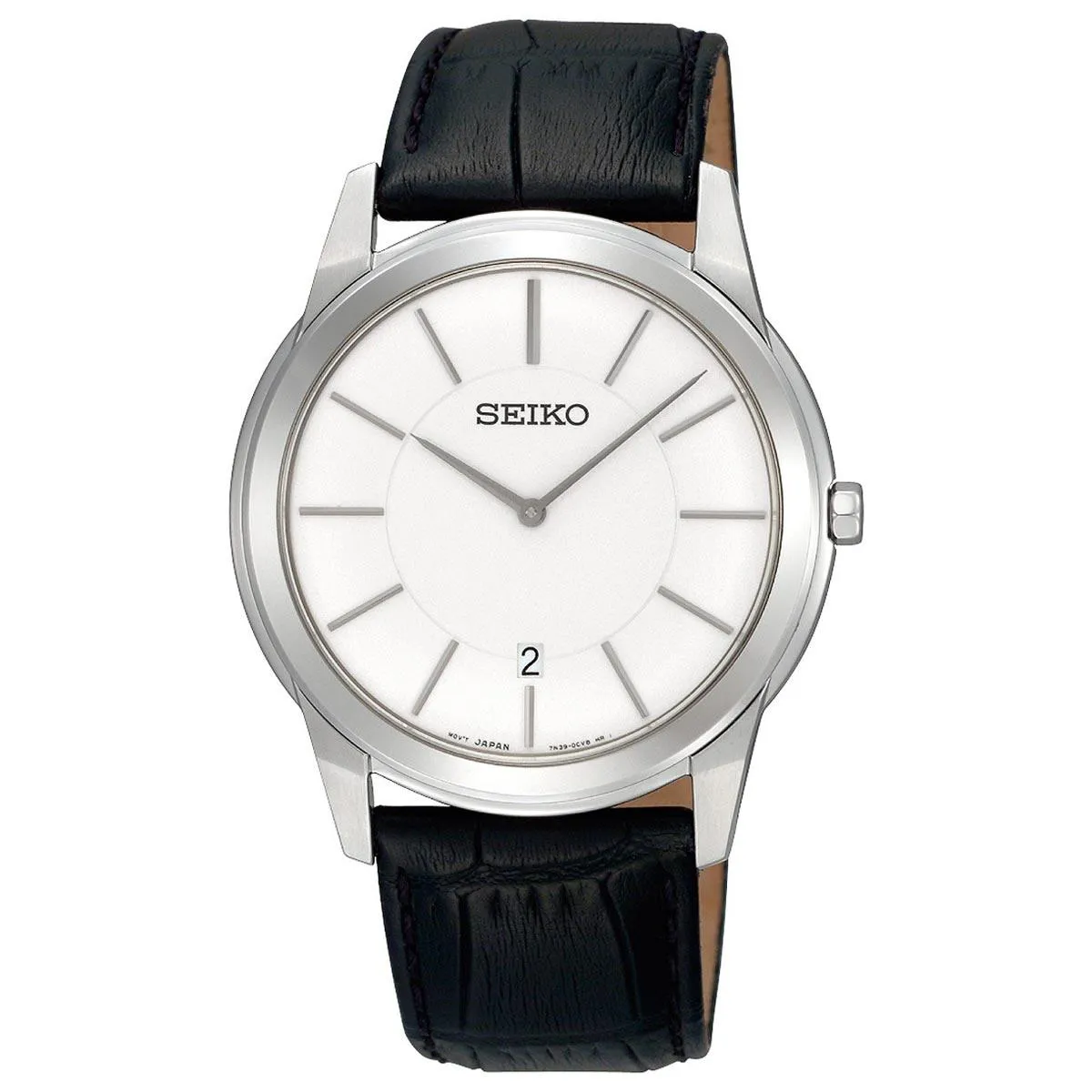Seiko SKP373P1 Men's White Dial Black Leather Strap Watch