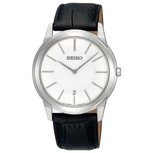 Seiko SKP373P1 Men's White Dial Black Leather Strap Watch
