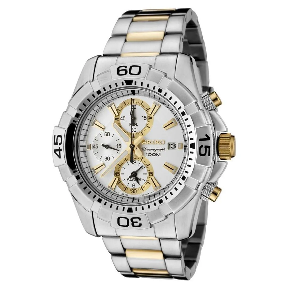 Seiko SNAE27 Men's Alarm Silver Dial Two Tone Steel Bracelet Chrono Watch