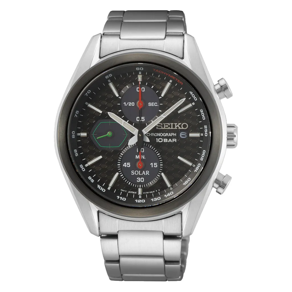 Seiko Solar Black Dial Silver Band Chronograph Watch SSC803P