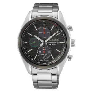 Seiko Solar Black Dial Silver Band Chronograph Watch SSC803P