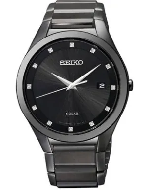 Seiko Solar Mens Diamond Dress Watch - Black Dial&#44; Case and Bracelet - Date