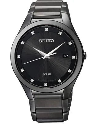Seiko Solar Mens Diamond Dress Watch - Black Dial&#44; Case and Bracelet - Date