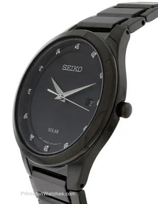 Seiko Solar Mens Diamond Dress Watch - Black Dial&#44; Case and Bracelet - Date