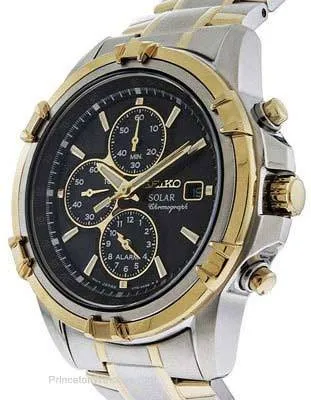 Seiko Solar Mens Two-Tone Alarm Chronograph - Black Dial - Bracelet - 100M WR