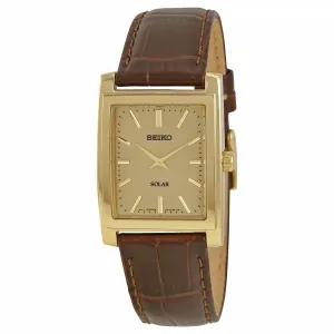 Seiko Solar Quartz Champagne Dial Brown Leather Mens Watch