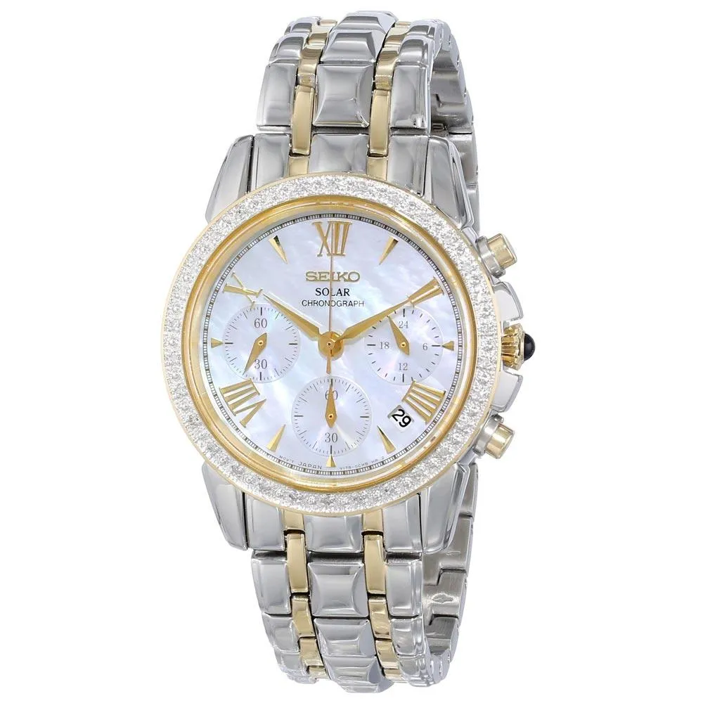 Seiko SSC892 Women's Le Grand Sport Solar Chronograph MOP Dial Two Tone Steel Diamond Watch