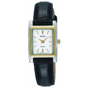 Seiko SUP062 Women's Solar Power Reserve White Dial Black Leather Strap Watch
