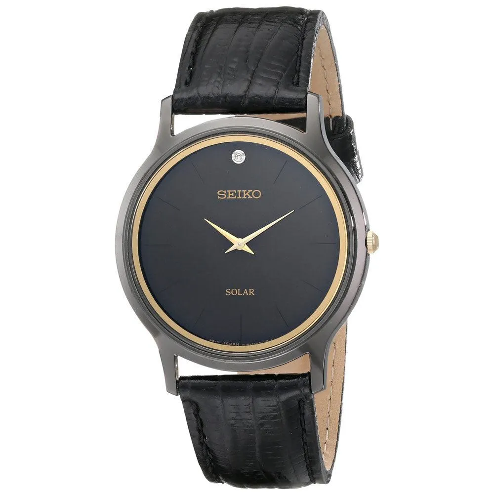Seiko SUP875 Men's Solar Core Quartz Black Dial Black Leather Strap Diamond Watch