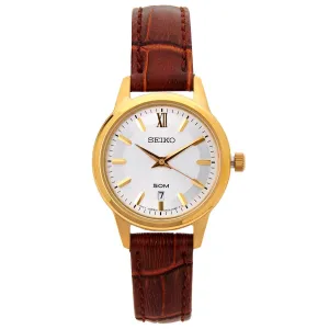 Seiko SUR880 Women's Dress Yellow Gold Steel Silver Dial Brown Leather Strap Watch