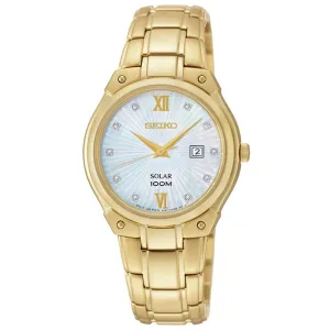 Seiko SUT216 Women's Solar Core MOP Dial Yellow Gold Tone Steel Diamond Watch