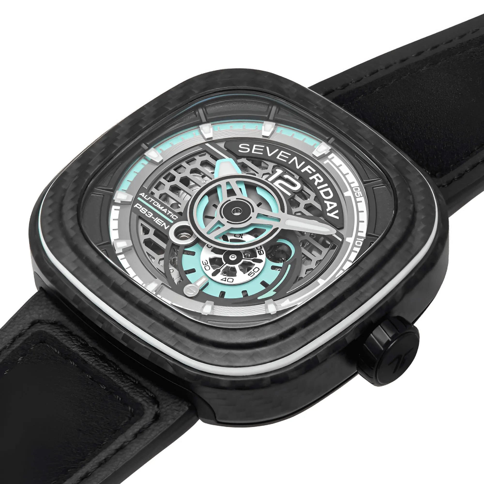 SevenFriday Men's Watch - P-Series Jade Carbon Semi-Skeleton Dial Strap | PS3-01