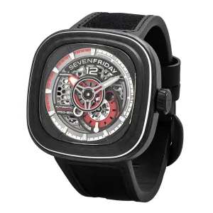 SevenFriday Men's Watch - P-Series Ruby Carbon Black Strap Power Reserve | PS3-02