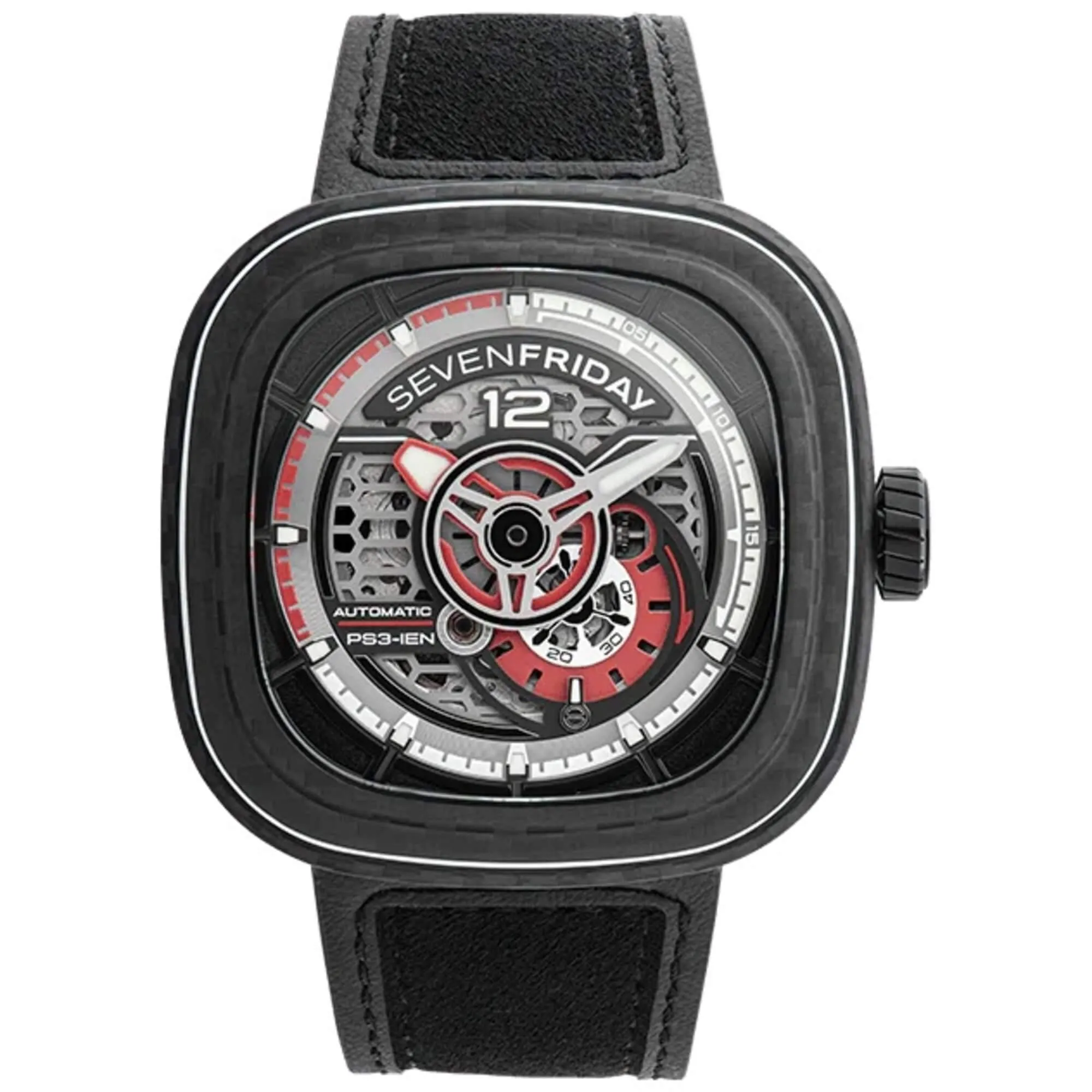 SevenFriday Men's Watch - P-Series Ruby Carbon Black Strap Power Reserve | PS3-02