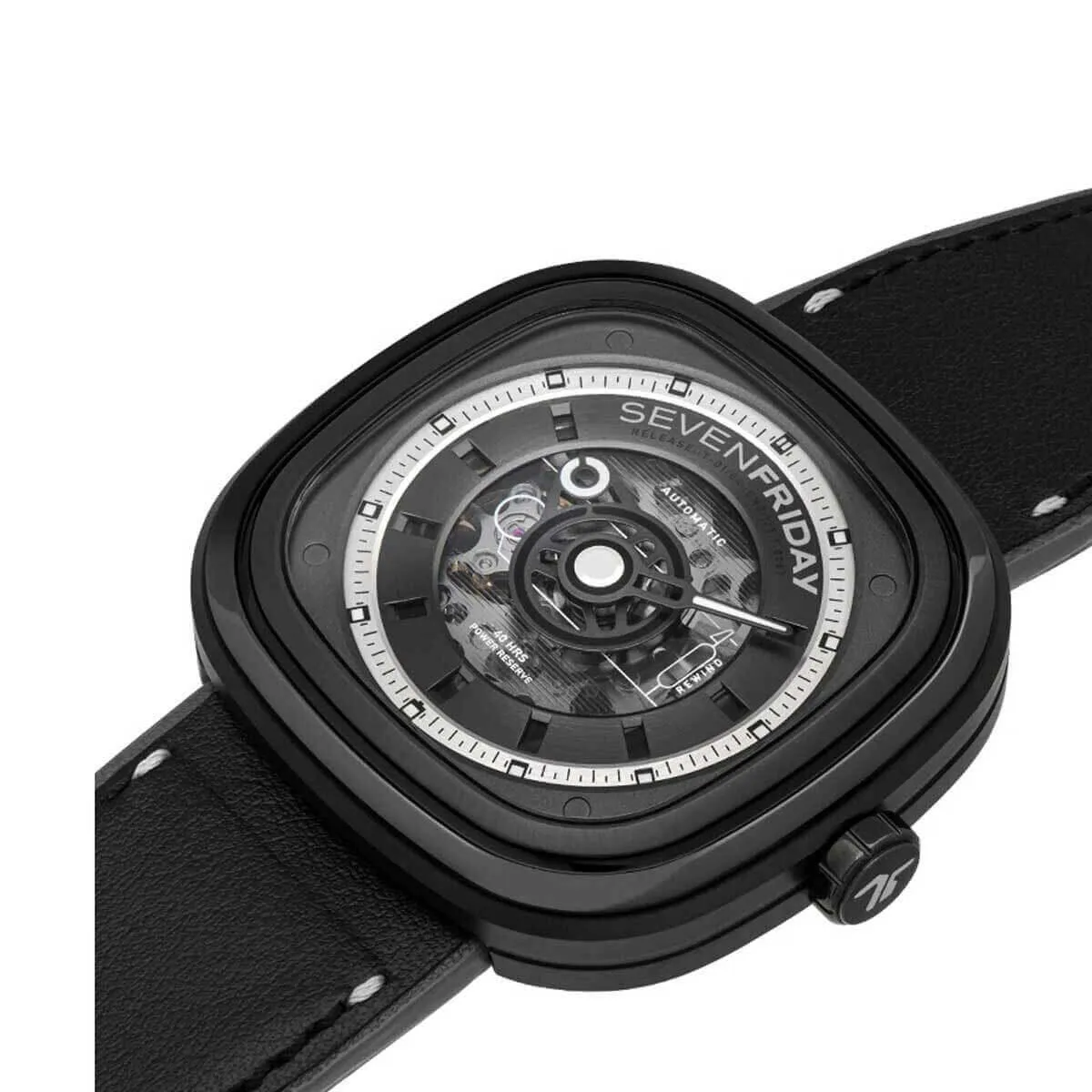 SevenFriday Men's Watch - T Series T BLACK Power Reserve Leather Strap | T1-04