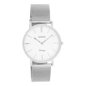 Silver coloured OOZOO watch with white metal mesh bracelet - C9902