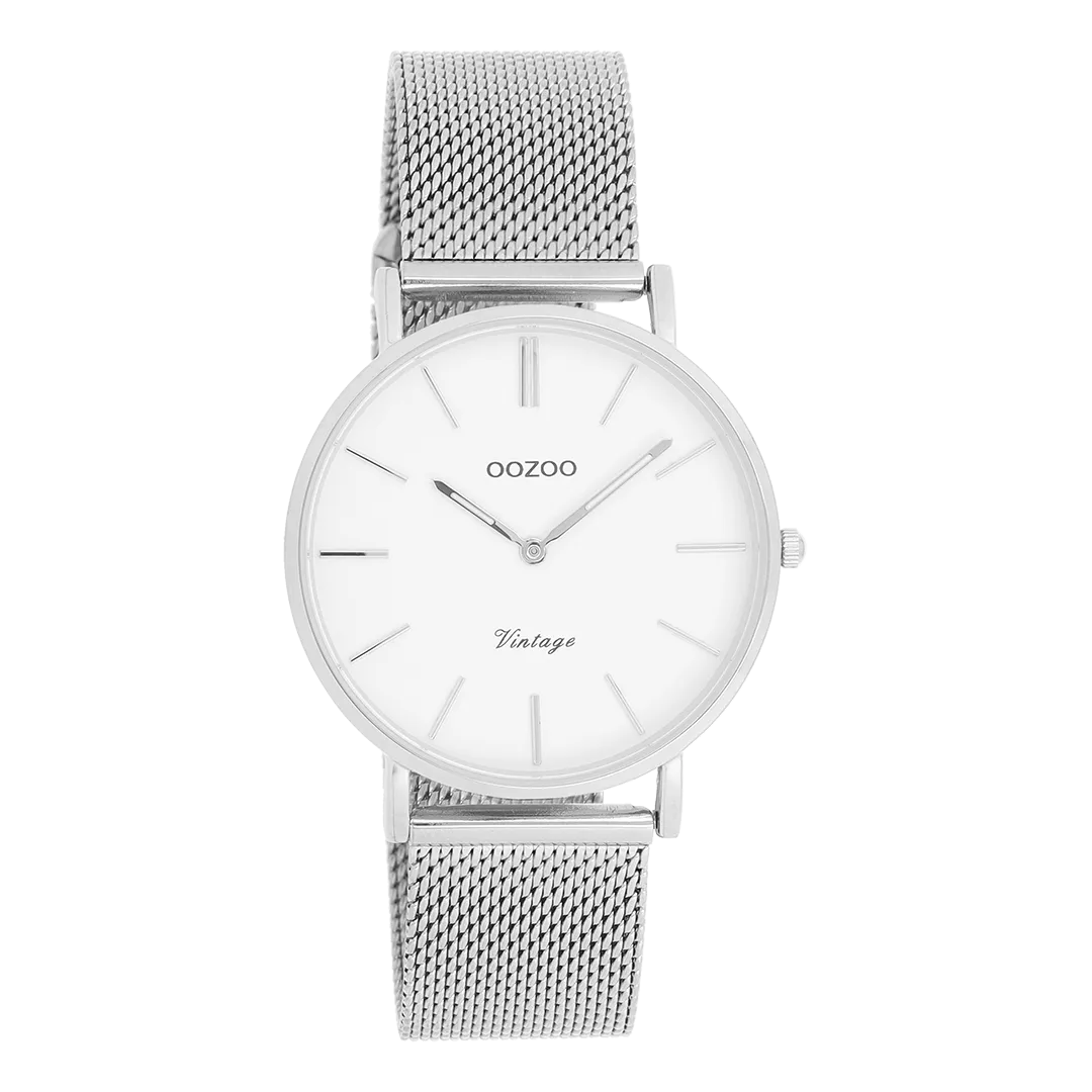 Silver coloured OOZOO watch with white metal mesh bracelet - C9902