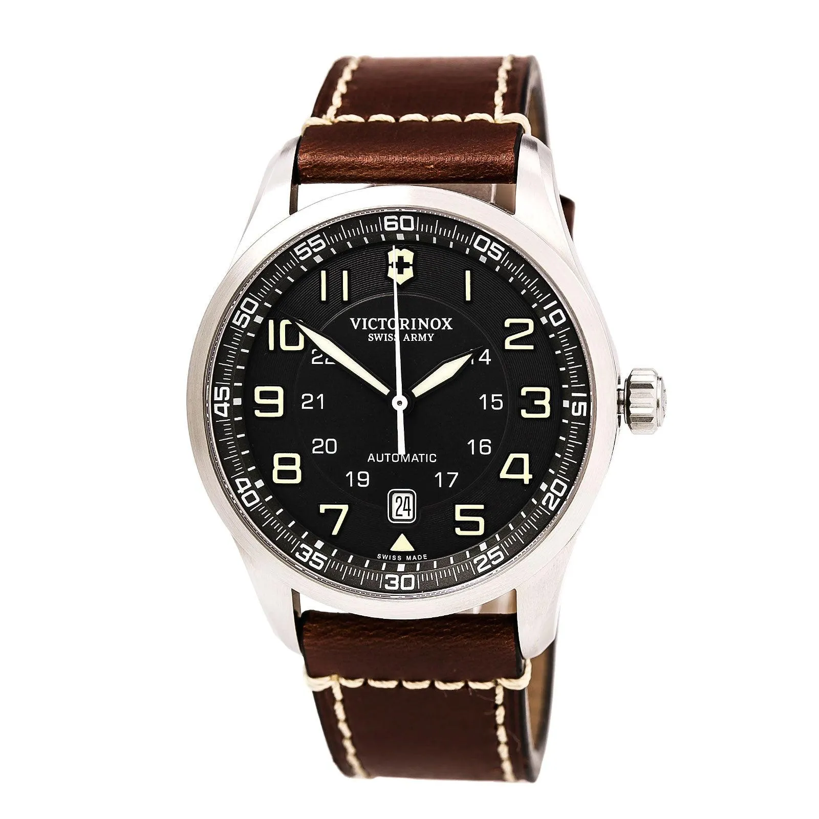 Swiss Army 241507 Men's AirBoss Black Dial Brown Leather Strap Mechanical Automatic Watch