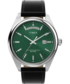 Timex Legacy Quartz Green Dial Day-Date Leather Band Watch TW2W57300