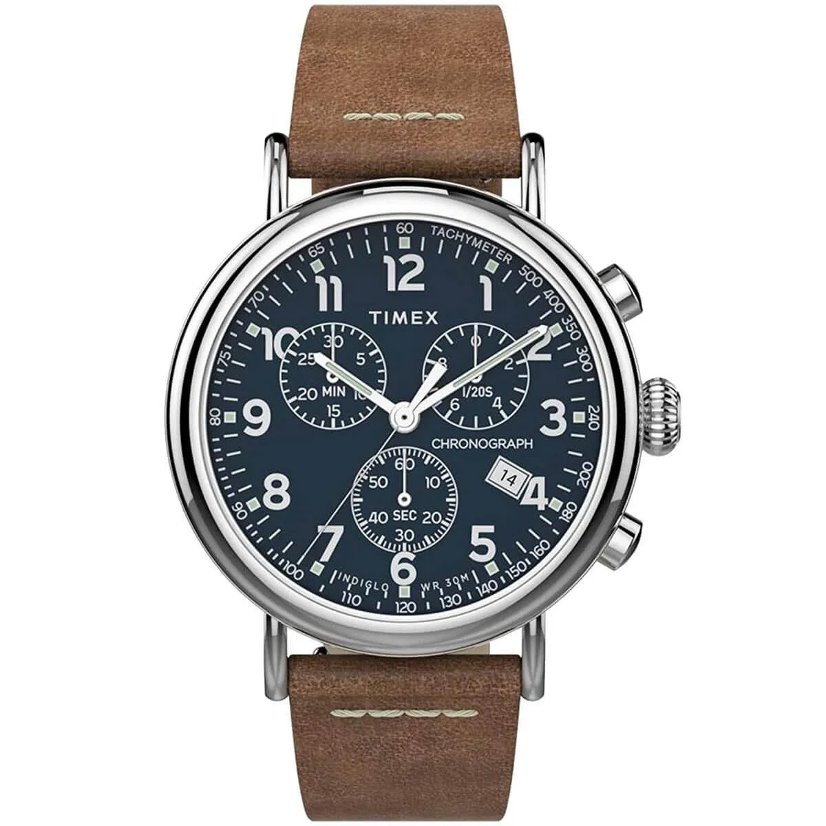 Timex Men's Chronograph Watch - Standard Blue Dial Tan Leather Strap | TW2T68900VQ