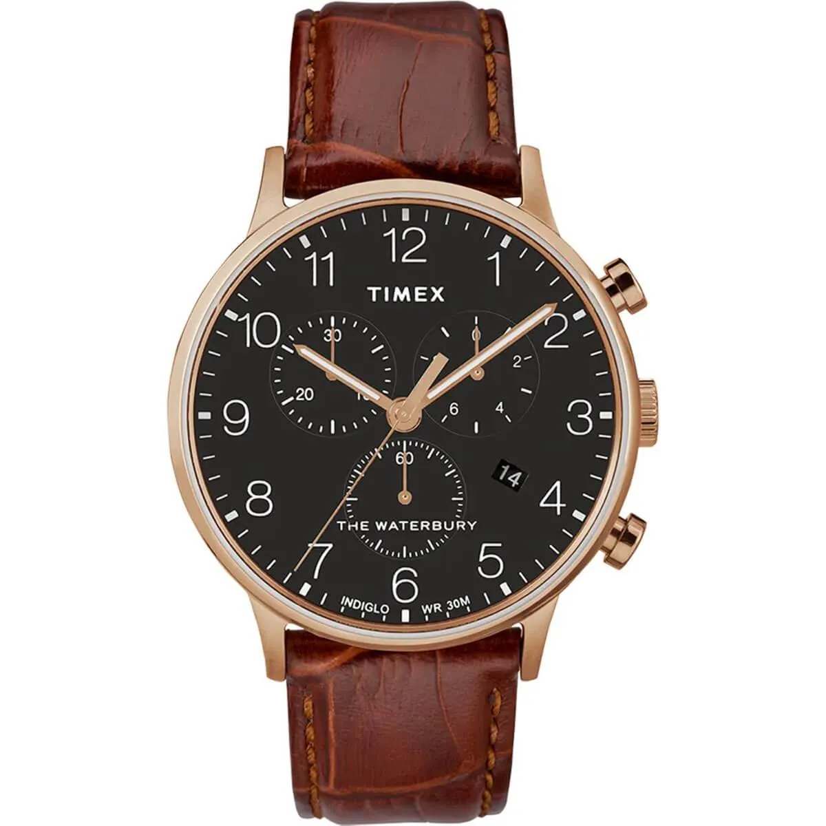 Timex Men's Chronograph Watch - Waterbury Black Dial Brown Strap | TW2R71600VQ