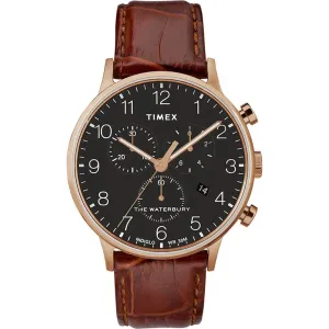 Timex Men's Chronograph Watch - Waterbury Black Dial Brown Strap | TW2R71600VQ
