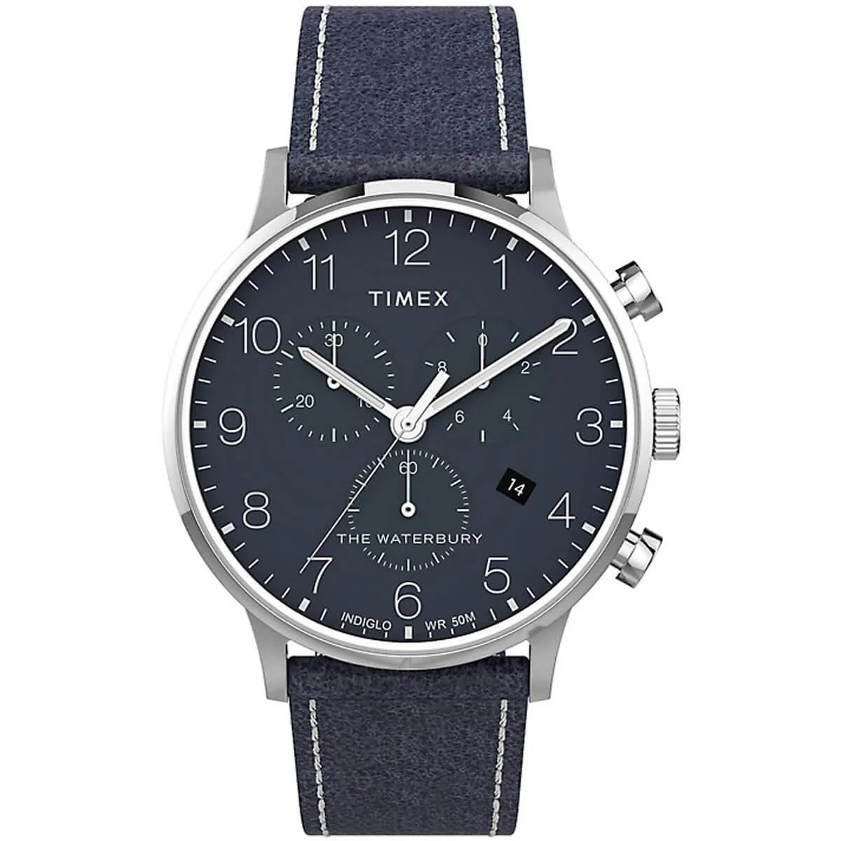 Timex Men's Chronograph Watch - Waterbury Blue Dial Leather Strap | TW2T71300VQ