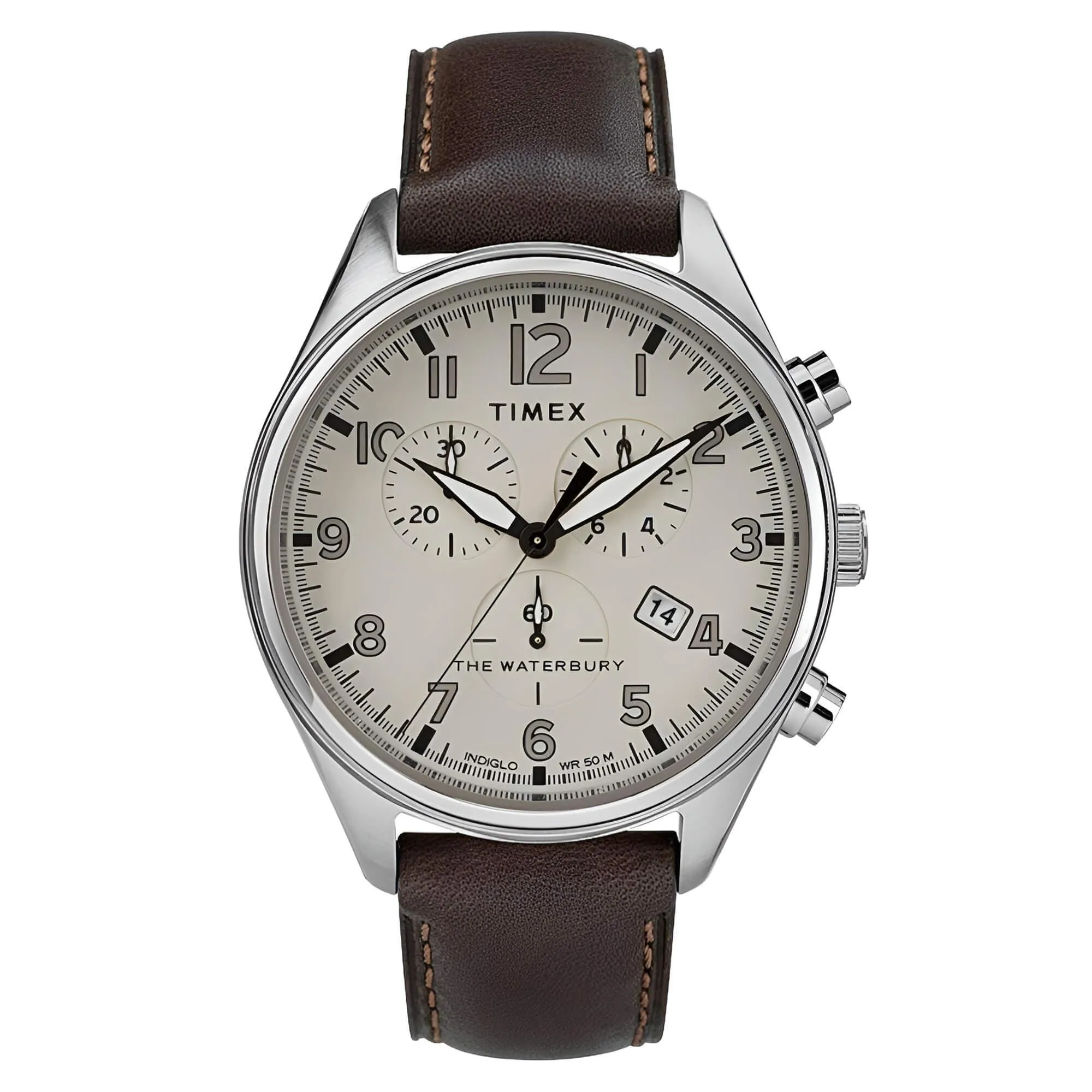 Timex Men's Chronograph Watch - Waterbury Cream Dial Leather Strap | TW2R88200