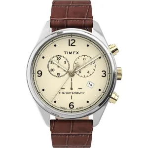 Timex Men's Chronograph Watch - Waterbury Cream Dial Leather Strap | TW2U04500VQ