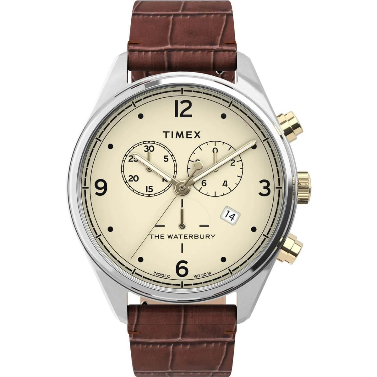 Timex Men's Chronograph Watch - Waterbury Cream Dial Leather Strap | TW2U04500VQ