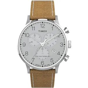 Timex Men's Chronograph Watch - Waterbury Silver Dial Leather Strap | TW2T71200VQ