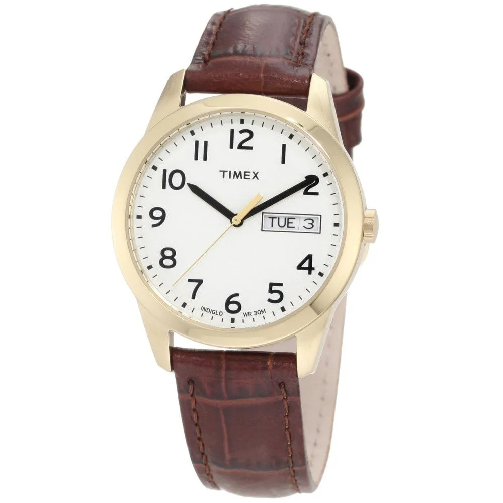 Timex Men's Elevated Classics Dress Gold Tone Stainless Steel Brown Leather Strap White Dial Watch T2N065