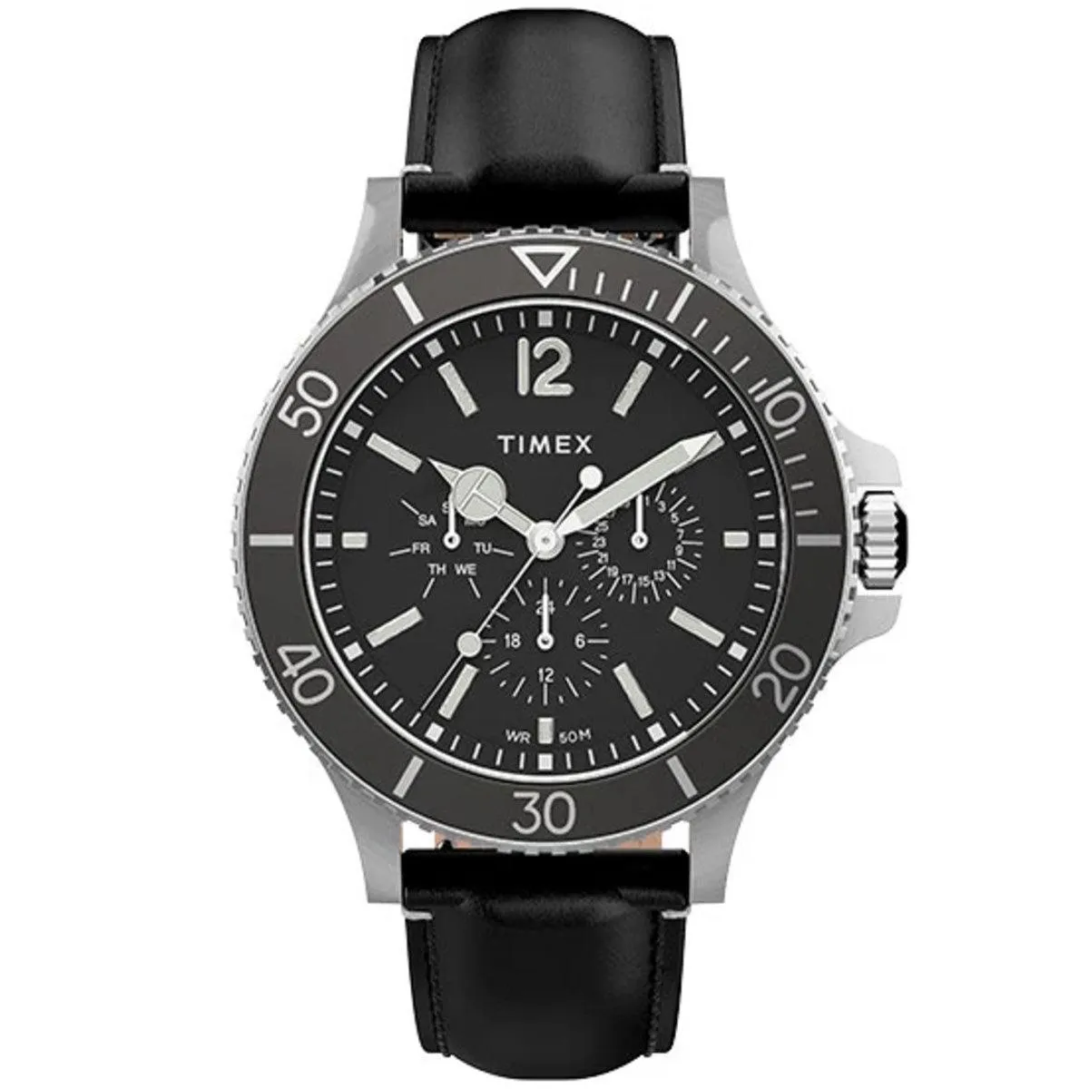 Timex Men's Quartz Watch - Harborside Black Dial Leather Strap | TW2U12900VQ