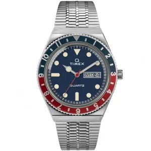 Timex Men's Quartz Watch - Q Timex Blue Dial Silver Steel Bracelet | TW2T80700ZV