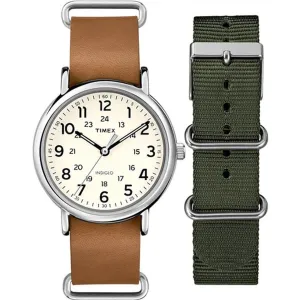 Timex Men's Quartz Watch - Weekender Cream Dial Brown Leather Strap | TWG015100