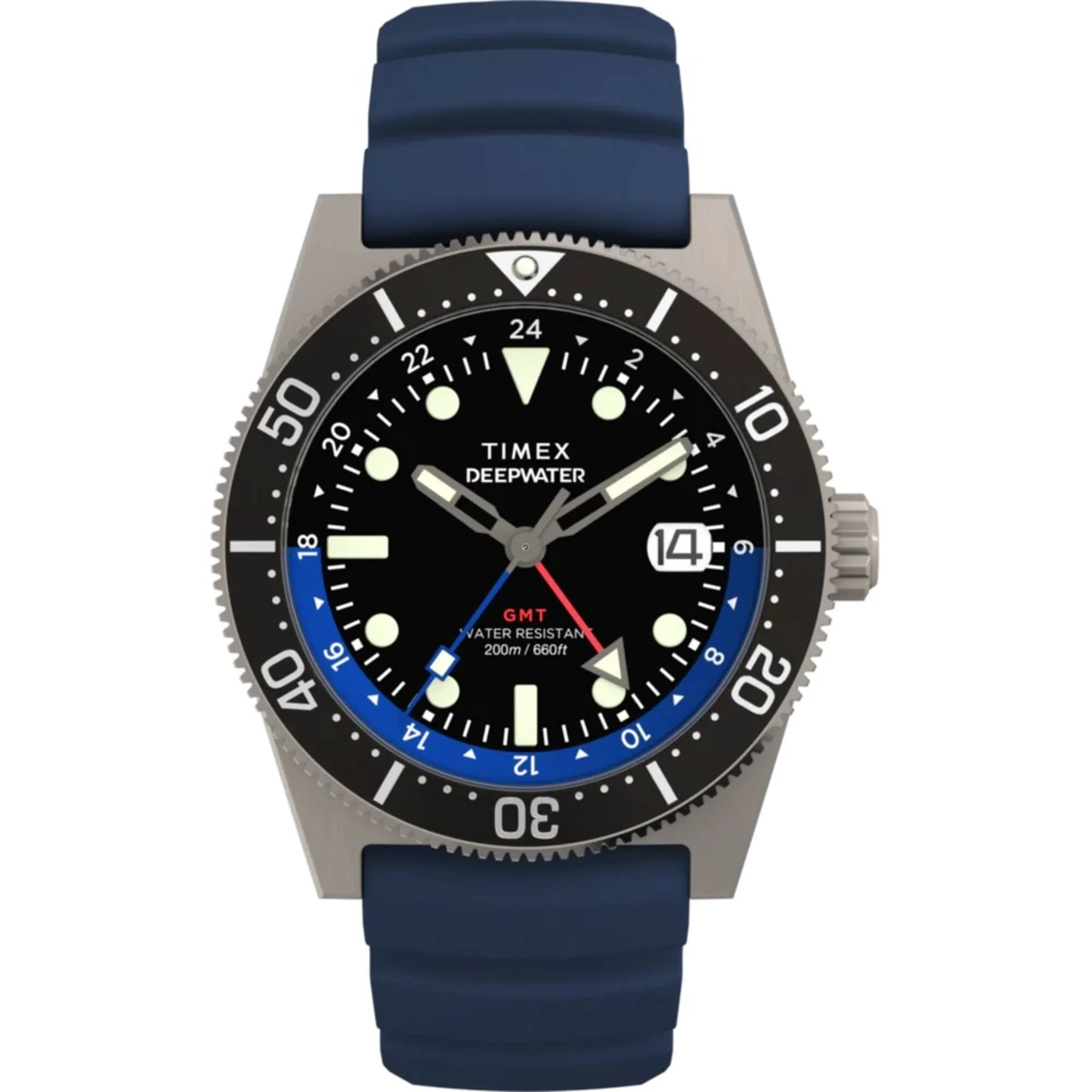 Timex Men's Watch - Deepwater Reef GMT Black Dial Blue Rubber Strap Dive | TW2W75100