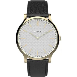 Timex Men's Watch - Gallery Quartz Silver Tone Dial Black Leather Strap | TW2V28400