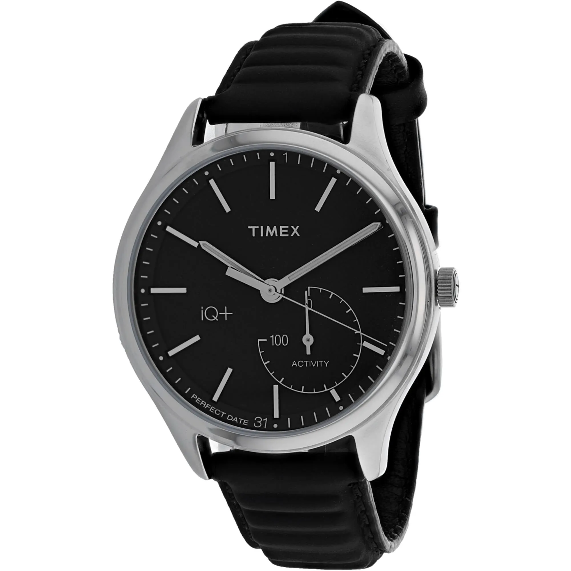 Timex Men's Watch - iQ  Move Silver Tone Case Black Dial Leather Strap | TW2P93200
