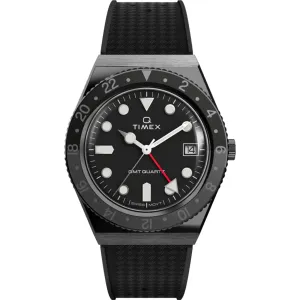 Timex Men's Watch - Q GMT Quartz Black Dial Synthetic Rubber Strap Date TW2V38200