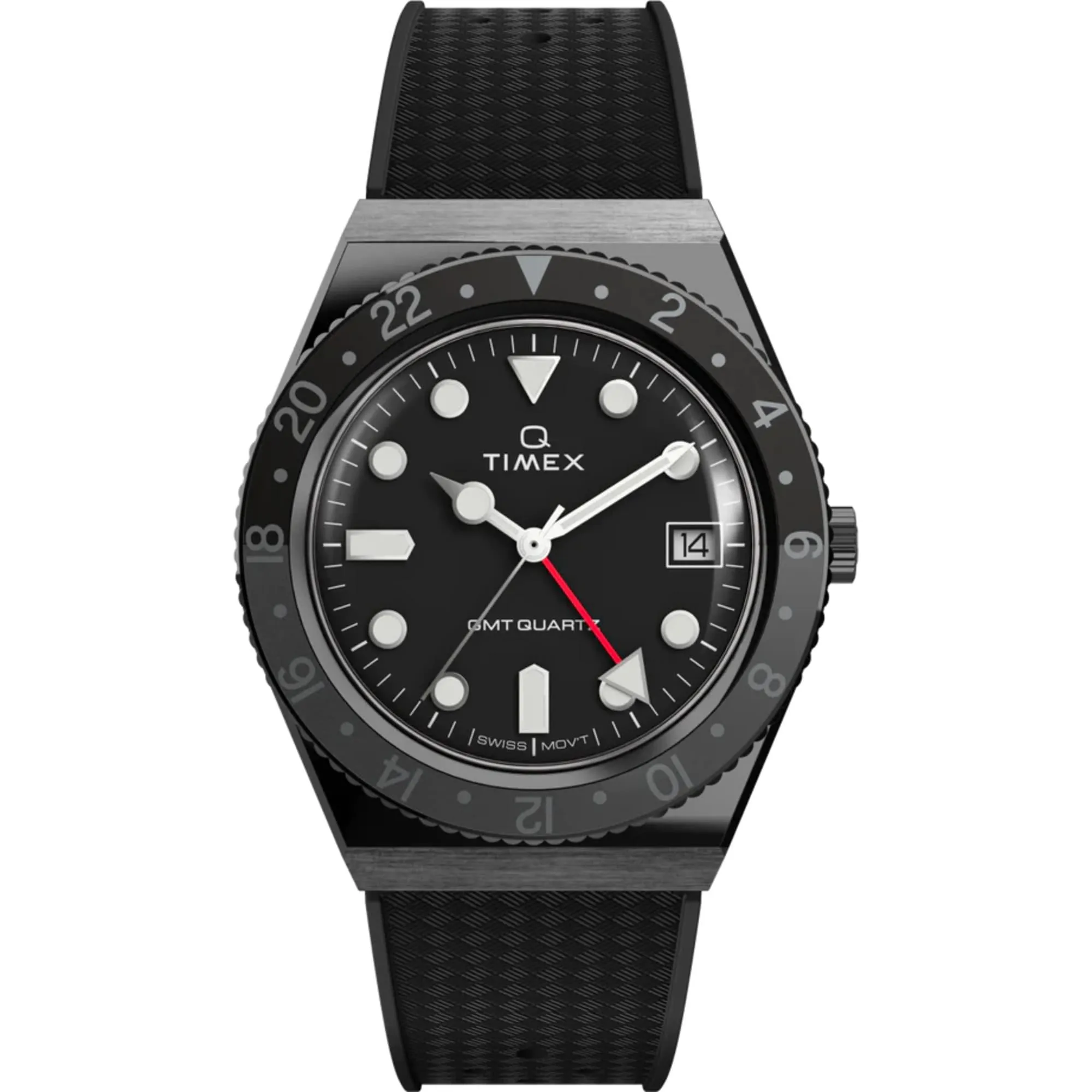 Timex Men's Watch - Q GMT Quartz Black Dial Synthetic Rubber Strap Date TW2V38200