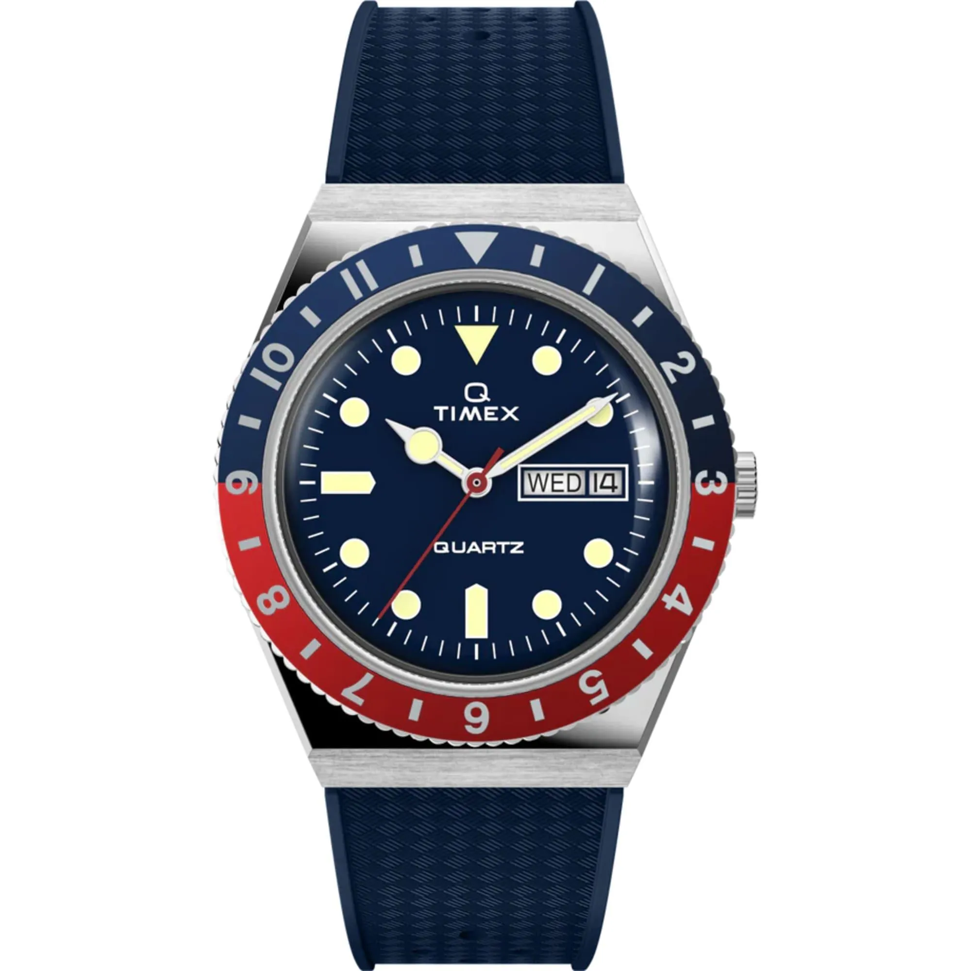 Timex Men's Watch - Q Quartz Rotating Bezel Blue Dial Strap Day-Date TW2V32100