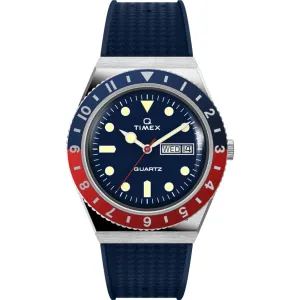 Timex Men's Watch - Q Quartz Rotating Bezel Blue Dial Strap Day-Date TW2V32100