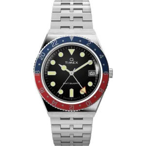 Timex Men's Watch - Q Timex GMT Black Dial Silver Tone Bracelet Quartz | TW2V38000VQ