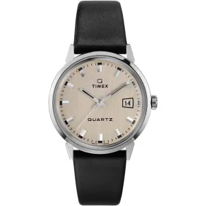 Timex Men's Watch - Q Timex Reissue Beige Dial Genuine Leather Strap | TW2U91200
