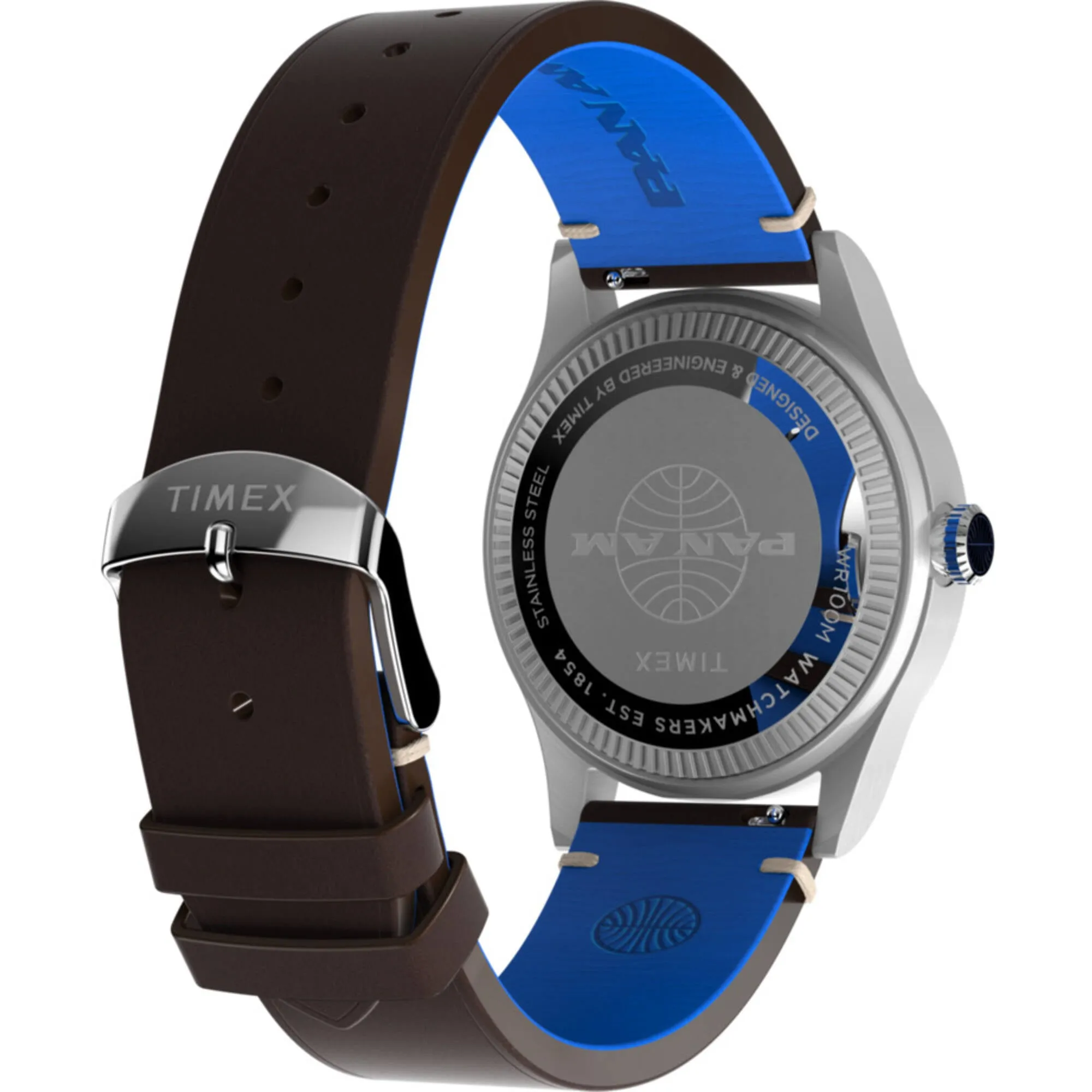 Timex Men's Watch - Waterbury Pan Am GMT Blue Dial Brown Leather Strap | TW2W97300