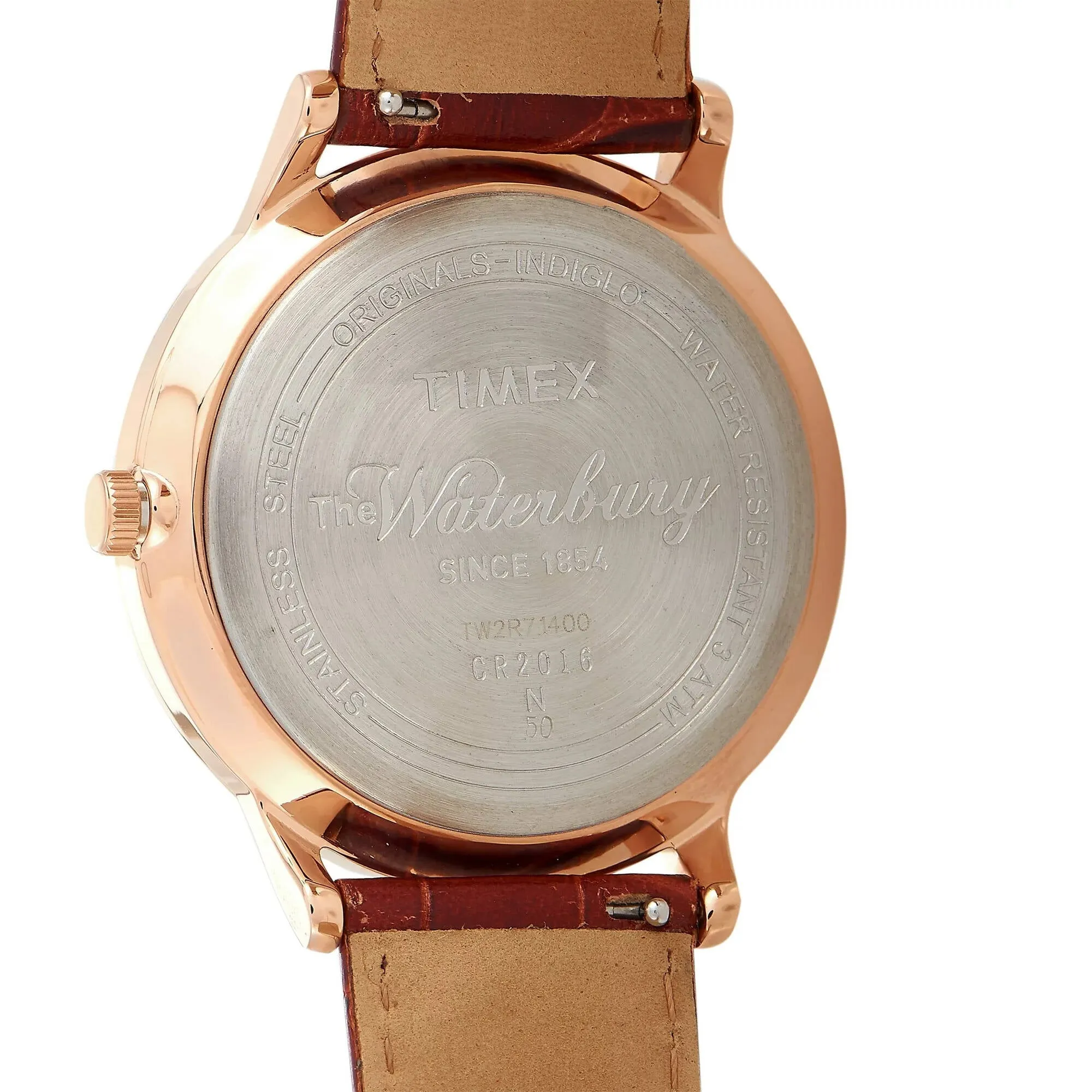 Timex Men's Watch Waterbury Quartz Rose Gold Case Black Dial Brown Strap TW2R71400